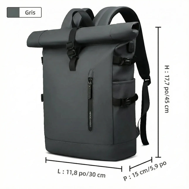 Sac à Dos Imperméable Extensible 20-27L - USB & Ordinateur 15.6" - Roll-Top Anti-Pluie