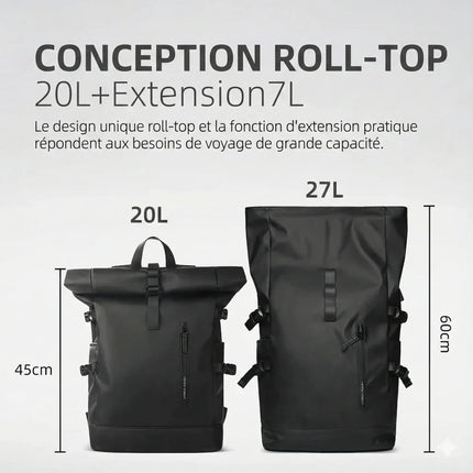 Sac à Dos Imperméable Extensible 20-27L - USB & Ordinateur 15.6" - Roll-Top Anti-Pluie