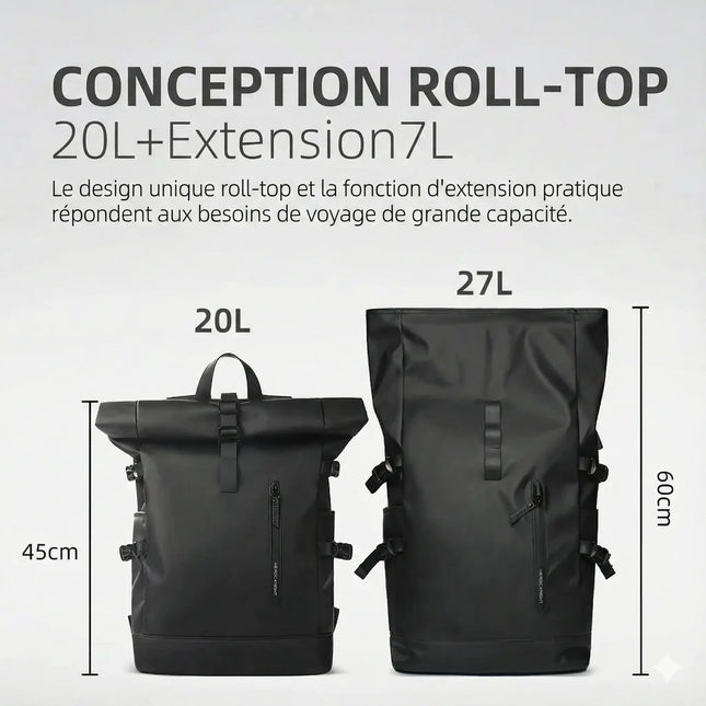 Sac à Dos Imperméable Extensible 20-27L - USB & Ordinateur 15.6" - Roll-Top Anti-Pluie