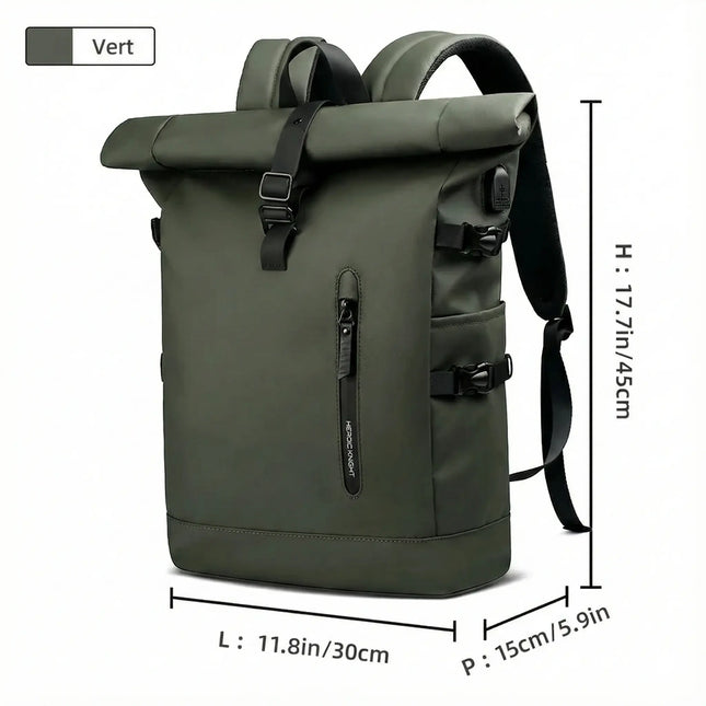 Sac à Dos Imperméable Extensible 20-27L - USB & Ordinateur 15.6" - Roll-Top Anti-Pluie
