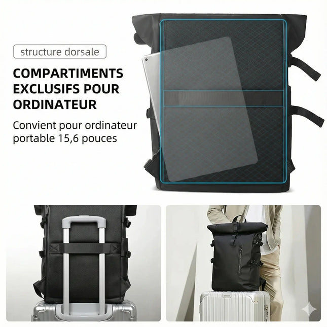 Sac à Dos Imperméable Extensible 20-27L - USB & Ordinateur 15.6" - Roll-Top Anti-Pluie