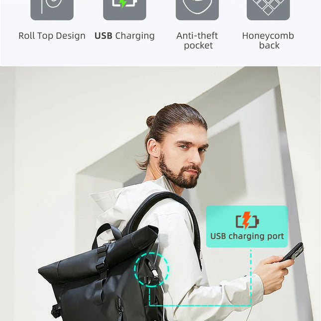 Sac à Dos Imperméable Extensible 20-27L - USB & Ordinateur 15.6" - Roll-Top Anti-Pluie
