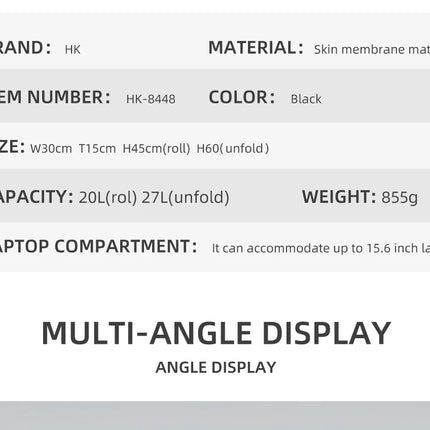 Sac à Dos Imperméable Extensible 20-27L - USB & Ordinateur 15.6" - Roll-Top Anti-Pluie