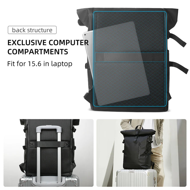 Sac à Dos Imperméable Extensible 20-27L - USB & Ordinateur 15.6" - Roll-Top Anti-Pluie